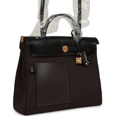 Hermes Herbag Zip Pocket PM 31 Ebene Militaire Canvas and Black Vache Hunter Gold Hardware