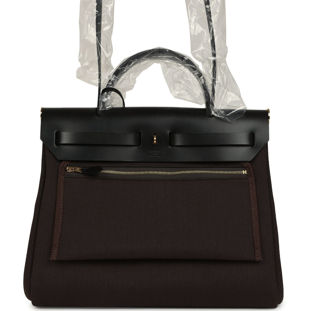 Hermes Herbag Zip Pocket PM 31 Ebene Militaire Canvas and Black Vache
