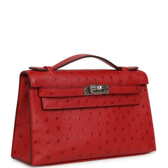 Hermes Kelly Pochette Rouge Vif Ostrich Palladium Hardware
