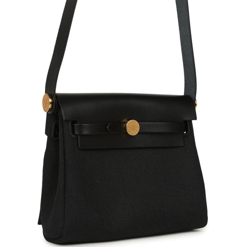 Hermes Herbag Zip 20 Mini Black Toile Militaire Canvas and Black Vache Hunter Gold Hardware
