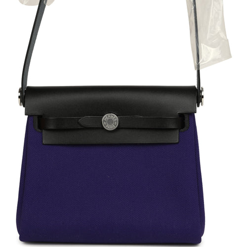 Hermes Herbag Zip 20 Mini Purple Toile Militaire Canvas and Black Vache Hunter Palladium Hardware