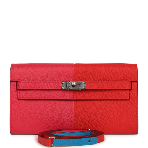 Hermes Kelly Wallet To Go Casaque Rouge De Coeur, Rose Extreme, Bleu Zanzibar Epsom Palladium Hardware