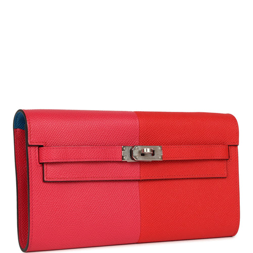 Hermes Kelly Wallet To Go Casaque Rouge De Coeur, Rose Extreme, Bleu Zanzibar Epsom Palladium Hardware
