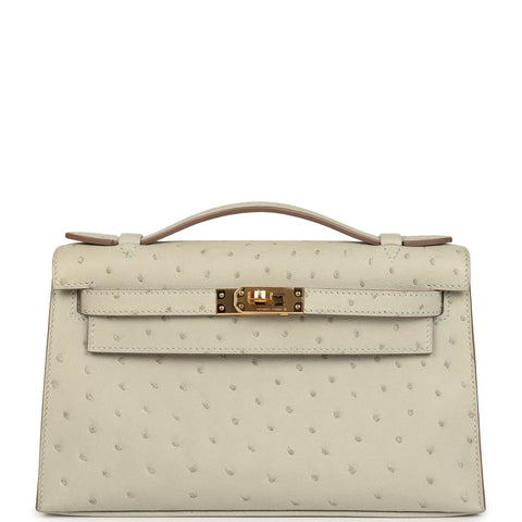 Hermes Kelly Pochette Gris Perle Ostrich Gold Hardware