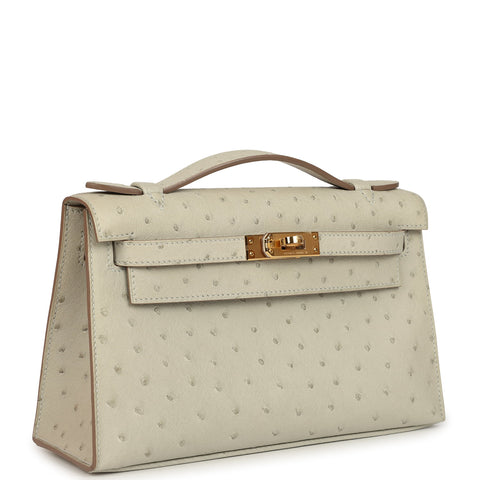 Hermes Kelly Pochette Gris Perle Ostrich Gold Hardware