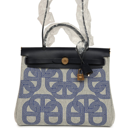 Hermes Herbag Zip PM 31 "Circuit 24" Bleu Royal, Ecru Toile H Canvas and Bleu Indigo Vache Hunter Leather Gold Hardware