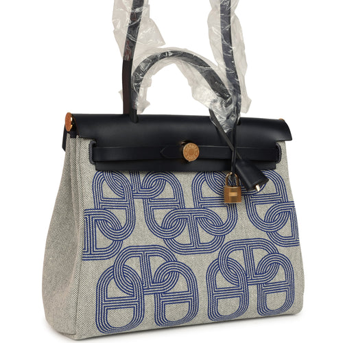 Hermes Herbag Zip PM 31 "Circuit 24" Bleu Royal, Ecru Toile H Canvas and Bleu Indigo Vache Hunter Leather Gold Hardware