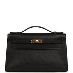 Hermes Kelly Pochette Black Ostrich Gold Hardware