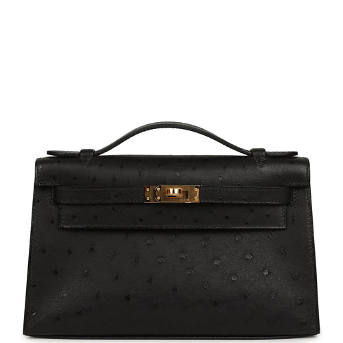 Hermes Kelly Pochette Black Ostrich Gold Hardware