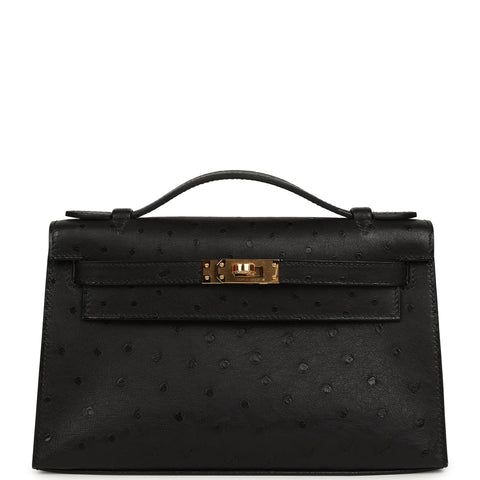 Hermes Kelly Pochette Black Ostrich Gold Hardware