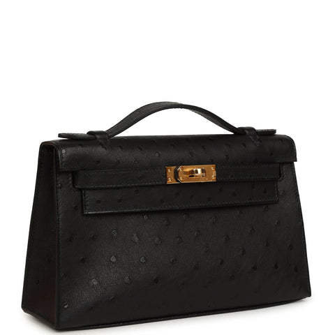 Hermes Kelly Pochette Black Ostrich Gold Hardware