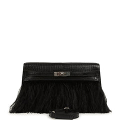 Hermes Kelly Elan Foile Black Matte Porosus Crocodile and Ostrich Feathers Palladium Hardware