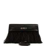 Hermes Kelly Elan Foile Black Matte Porosus Crocodile and Ostrich Feathers Palladium Hardware - Thumbnail View 1