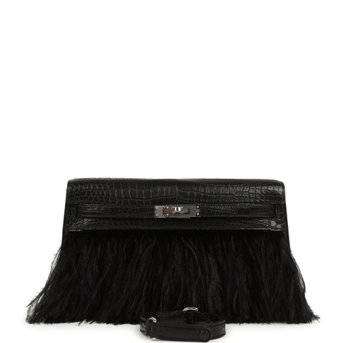 Hermes Kelly Elan Foile Black Matte Porosus Crocodile and Ostrich Feathers Palladium Hardware