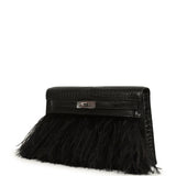 Hermes Kelly Elan Foile Black Matte Porosus Crocodile and Ostrich Feathers Palladium Hardware - Thumbnail View 5