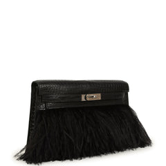 Hermes Kelly Elan Foile Black Matte Porosus Crocodile and Ostrich Feathers Palladium Hardware