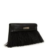 Hermes Kelly Elan Foile Black Matte Porosus Crocodile and Ostrich Feathers Palladium Hardware - Thumbnail View 2