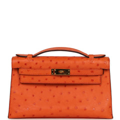 Pre-owned Hermes Kelly Pochette Tangerine Ostrich Gold Hardware