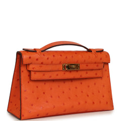 Pre-owned Hermes Kelly Pochette Tangerine Ostrich Gold Hardware