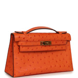 Pre-owned Hermes Kelly Pochette Tangerine Ostrich Gold Hardware - Thumbnail View 2