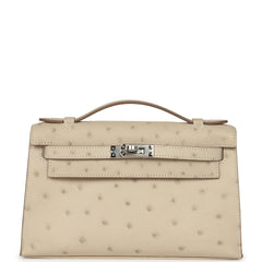 Hermes Kelly Pochette Craie Ostrich Palladium Hardware