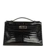 Pre-owned Hermes Kelly Pochette Black Shiny Porosus Crocodile Palladium Hardware - Thumbnail View 1