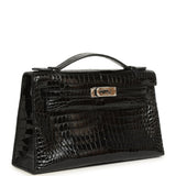 Pre-owned Hermes Kelly Pochette Black Shiny Porosus Crocodile Palladium Hardware - Thumbnail View 2