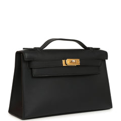 Hermes Kelly Pochette Black Swift Gold Hardware