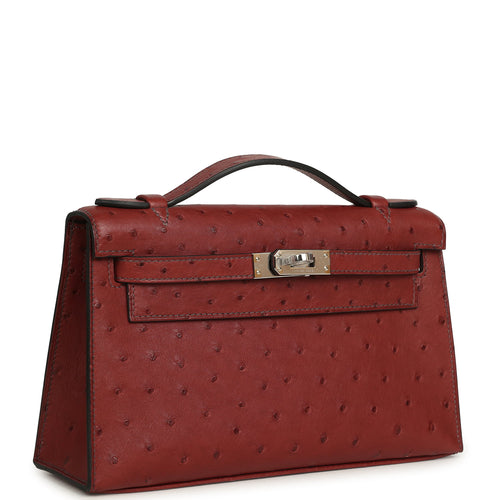 Hermes Kelly Pochette Rouge H Ostrich Palladium Hardware