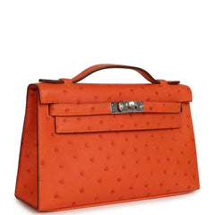 Hermes Kelly Pochette Tangerine Ostrich Palladium Hardware