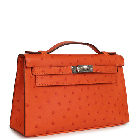 Hermes Kelly Pochette Tangerine Ostrich Palladium Hardware