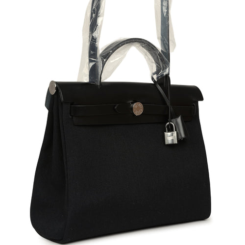 Hermes Herbag Zip 31 PM Black Military Canvas & Vache Hunter Palladium Hardware