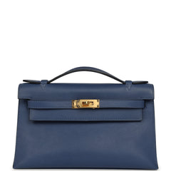 Pre-owned Hermes Kelly Pochette Bleu Brighton Swift Gold Hardware