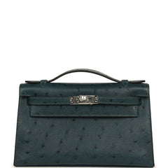 Hermes Kelly Pochette Vert Cypress Ostrich Palladium Hardware