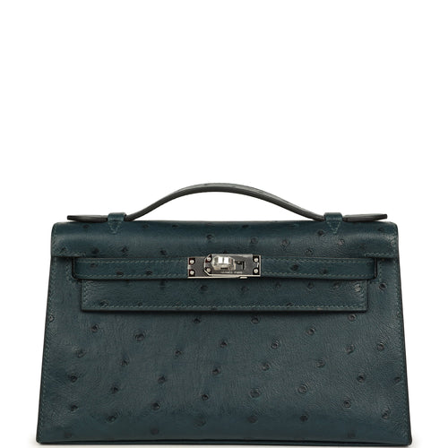 Hermes Kelly Pochette Vert Cypress Ostrich Palladium Hardware