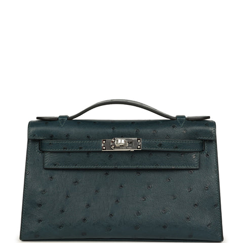 Hermes Kelly Pochette Vert Cypress Ostrich Palladium Hardware