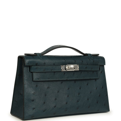 Hermes Kelly Pochette Vert Cypress Ostrich Palladium Hardware