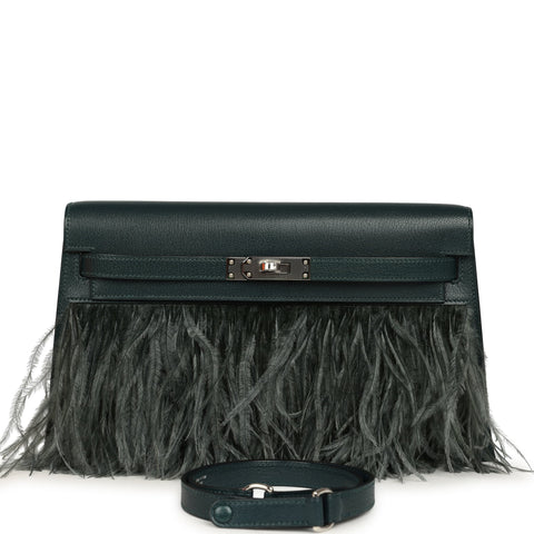 Hermes Kelly Elan Foile Vert Cypress Chevre Chamkila and Ostrich Feathers Palladium Hardware
