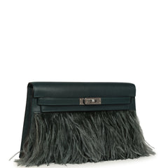 Hermes Kelly Elan Foile Vert Cypress Chevre Chamkila and Ostrich Feathers Palladium Hardware