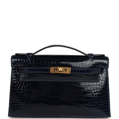 Hermes Kelly Pochette Bleu Saphir Shiny Porosus Crocodile Gold Hardware
