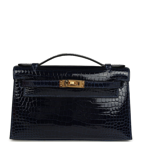 Hermes Kelly Pochette Bleu Saphir Shiny Porosus Crocodile Gold Hardware