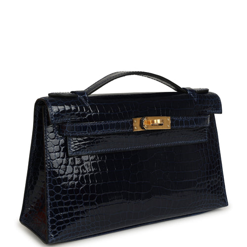 Hermes Kelly Pochette Bleu Saphir Shiny Porosus Crocodile Gold Hardware