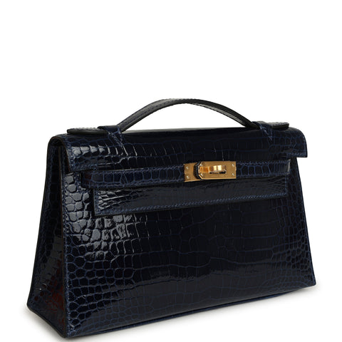 Hermes Kelly Pochette Bleu Saphir Shiny Porosus Crocodile Gold Hardware