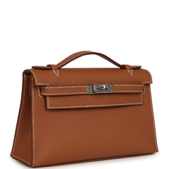 Hermes Kelly Pochette Gold Swift Palladium Hardware