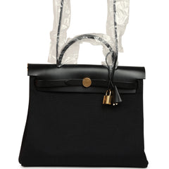 Hermes Herbag Zip 31 PM Black Toile Militaire Canvas and Vache Hunter Gold Hardware
