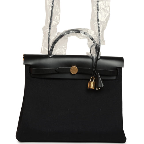 Hermes Herbag Zip 31 PM Black Toile Militaire Canvas, Vache Hunter Gold Hardware