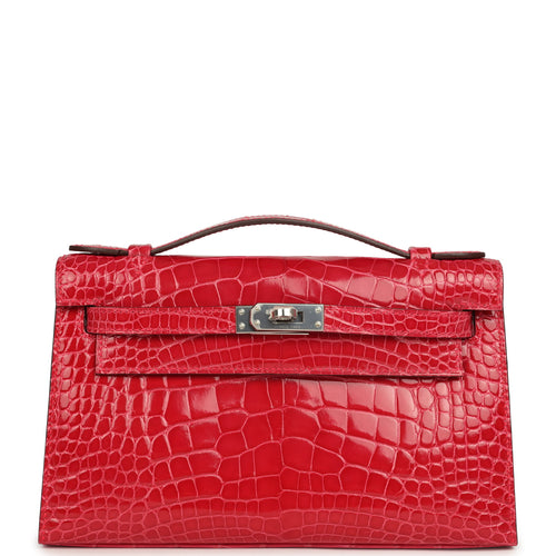 Hermes Kelly Pochette Rose Extreme Shiny Alligator Palladium Hardware