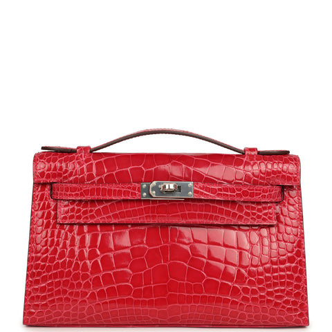 Hermes Kelly Pochette Rose Extreme Shiny Alligator Palladium Hardware