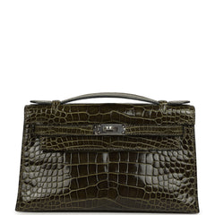 Pre-owned Hermes Kelly Pochette Vert Olive Shiny Alligator Palladium Hardware