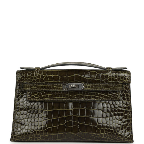 Pre-owned Hermes Kelly Pochette Vert Olive Shiny Alligator Palladium Hardware